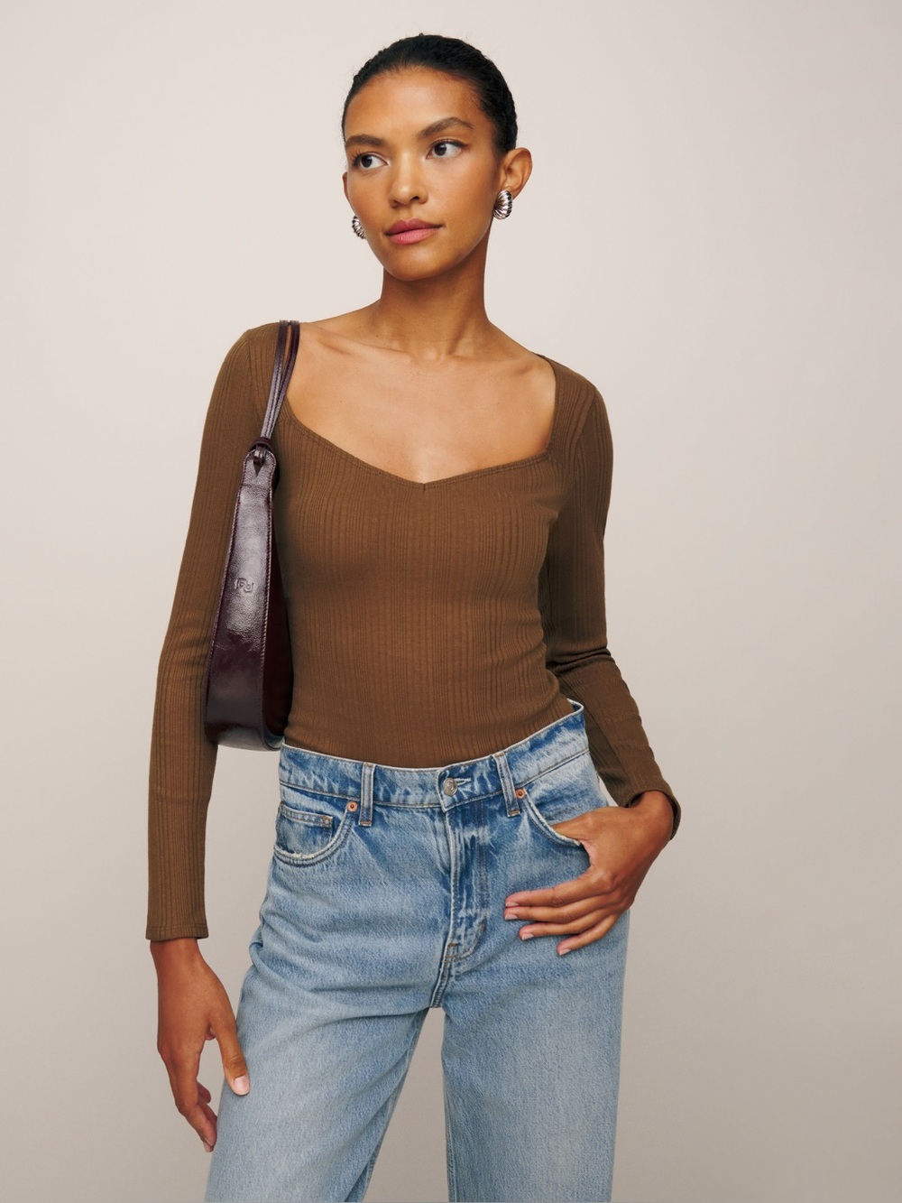 REFORMATION Leighton Knit Top Ribbed Square Neck Long Sleeve Top Brown
